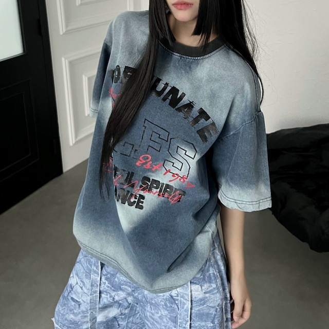 グラデーションウォッシュレタープリントデニムTシャツ 1col R02535