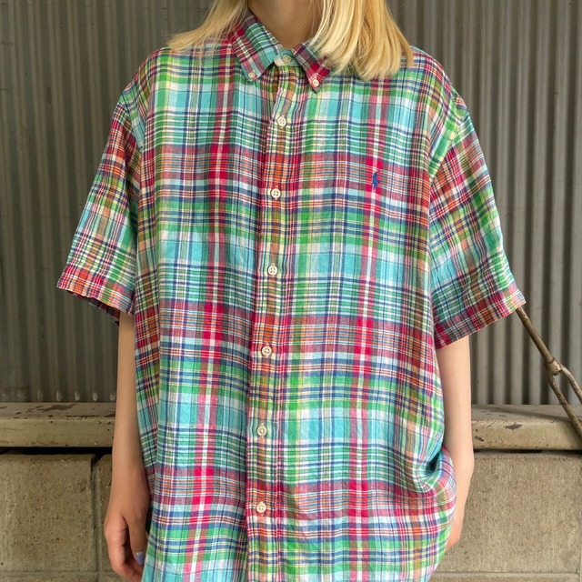 Ralph Lauren ラルフローレン 半袖リネンシャツ チェック柄 メンズXL 