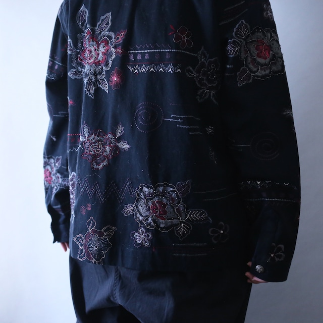 "刺繍" flower art pattern beads decoration box silhouette cotton shirt jacket