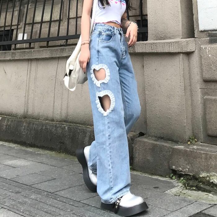 スプリングサマーカジュアルパンツ スタンダードレースハイウェストウェストワイドレッグジーンズ レトロ 春物 夏物 ワイドパンツ ケッペル90972532411