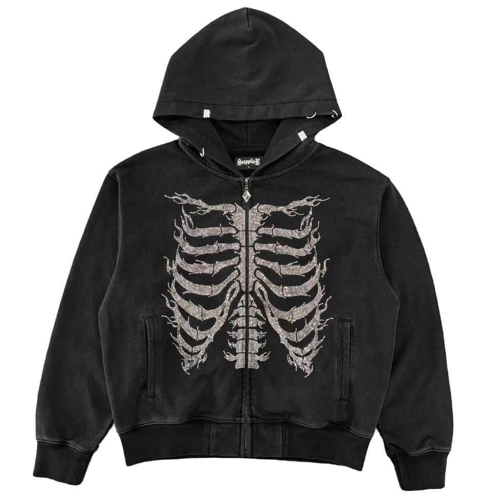【supplier】Fire Skeleton Rhinestone Zip Hoodie【サプライヤー】
