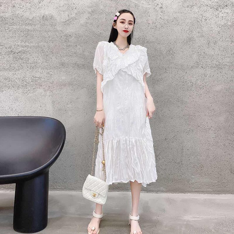 Vネックプリーツルーズドレス ストリート 大きめサイズ ヨーロピアン ミックスインファッション11392680286