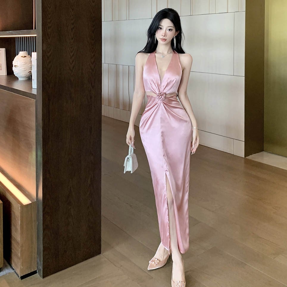 ロングドレスホルターネック谷間見せセクシーフラワーバックレスドレス
