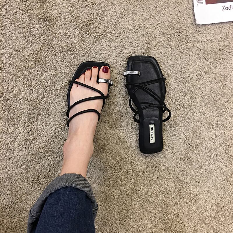 サンダルとスリッパレディースアウターウェア2020夏ニュースタイルオールマッチカジュアルローヒールレディースラインストーンビーチサンダル潮夏 フェイクシューズ2525021379