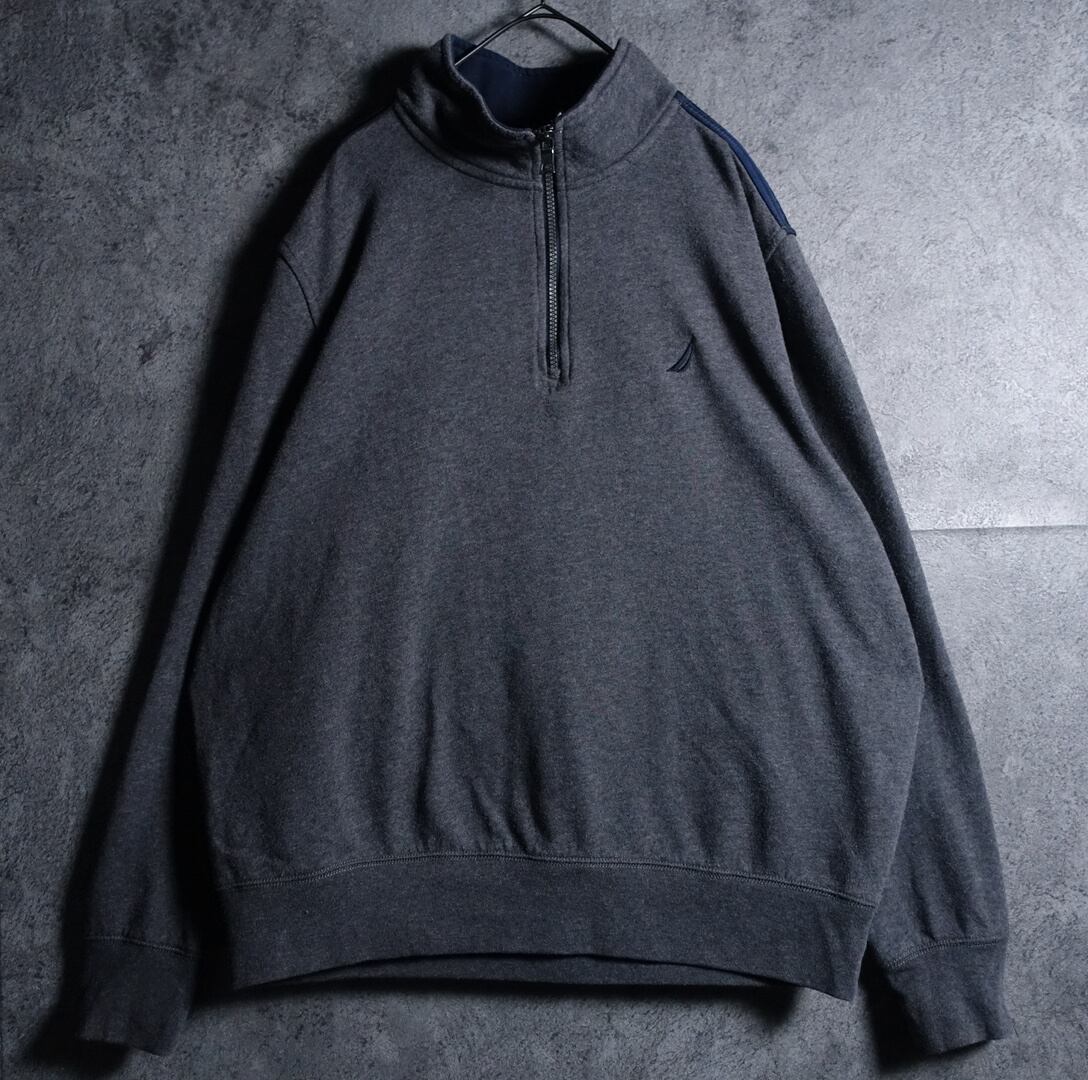 00s “NAUTICA” Gray Logo & Nylon Switching Design Half Zip Sweat