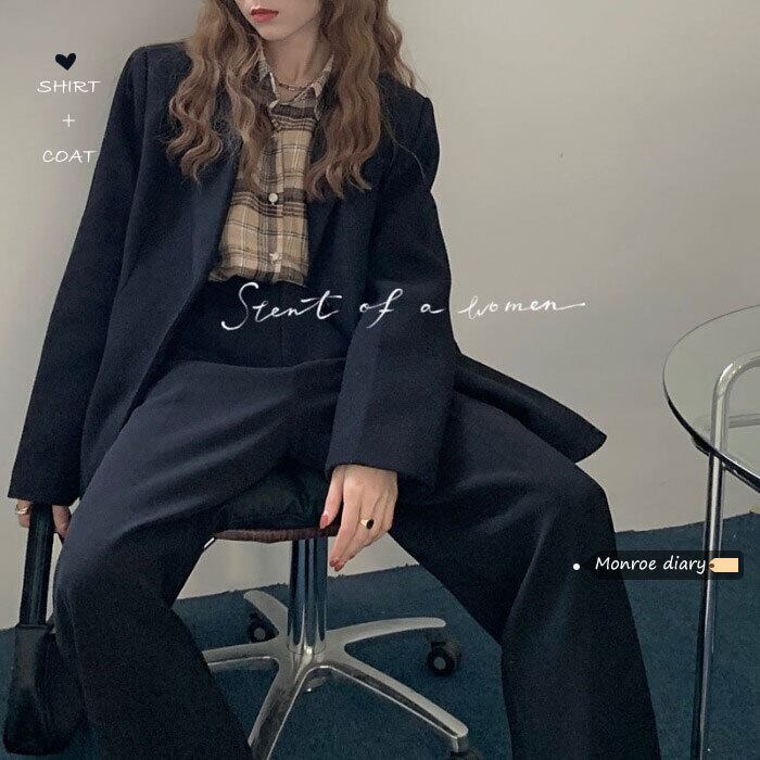 ルーズ格子柄シャツ レディーススプリングスタンダードジャケット ロング レトロ 春物 モンロー7590038654