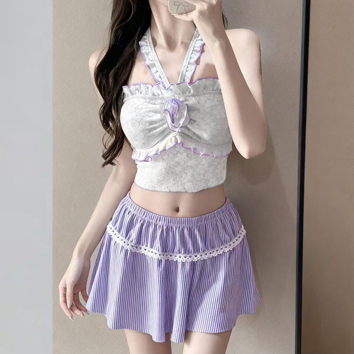 スカート付き 水着 ビキニ 3点セット レディース 夏 韓国 ホルターネック ビーチ 海水浴 プール レジャー 大人 かわいい きれいめ ビーチウェア 露出控えめ フラワー フリル フェミニン 大人可愛い 大人女子