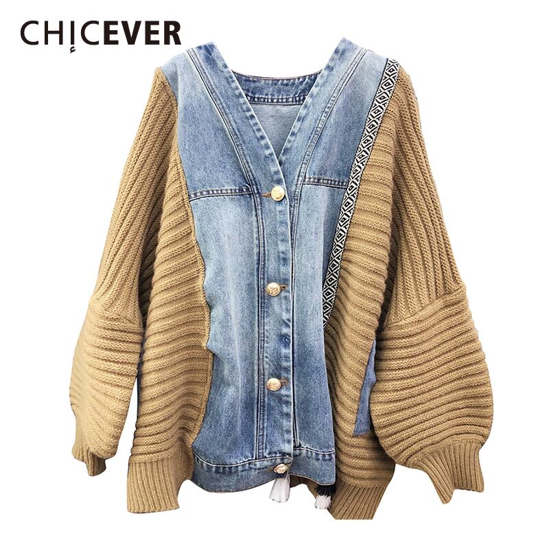 CHICEVERヒットカラージャケットレディースVネックランタン長袖パッチワークデニムオーバーサイズコート2021秋 ロング 6base568974100365