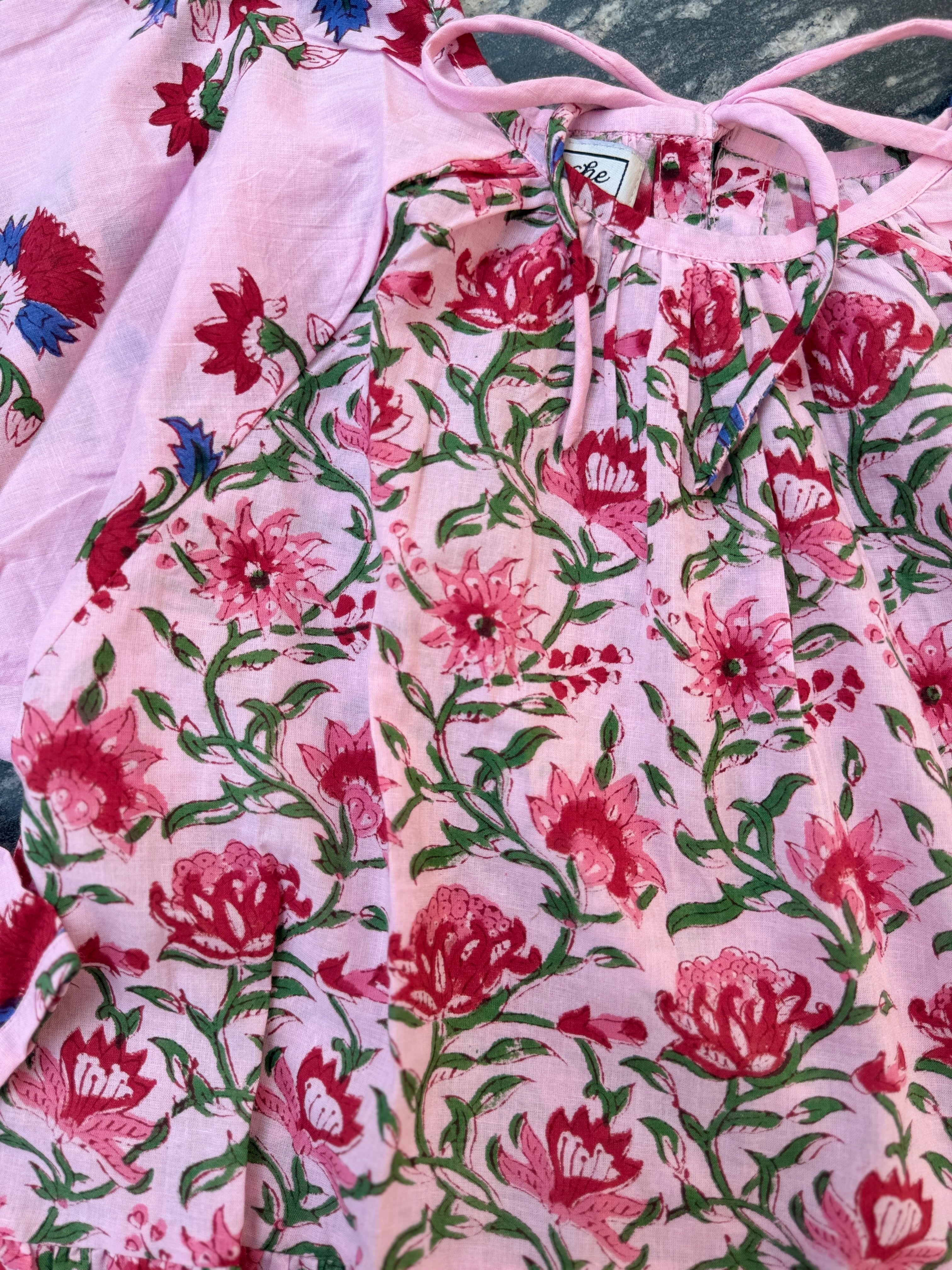 saruche ブロックプリント Raglan ギャザーワンピース Pink | saruche
