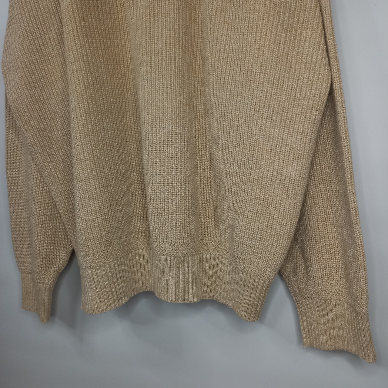 90s　アメリカ製　ヘンリーネック　コットンニット　セーター　長袖　中厚手　ミドルゲージ　無地　ベージュ　L