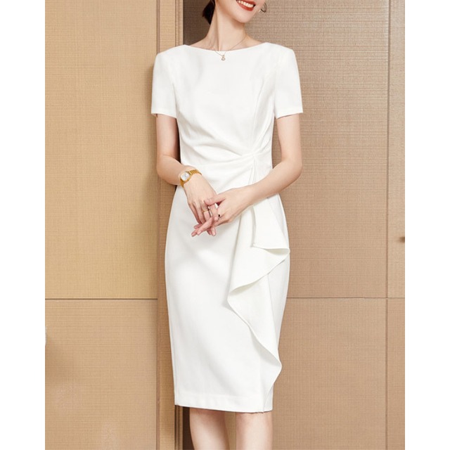 Asymmetric Draped Waist Pencil Midi Dress Short Sleeve 2Colors 2603021