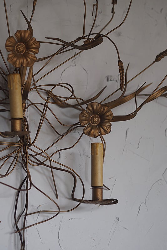 広がる麦穂とお花 大きな壁掛けオブジェ-antique brass wall