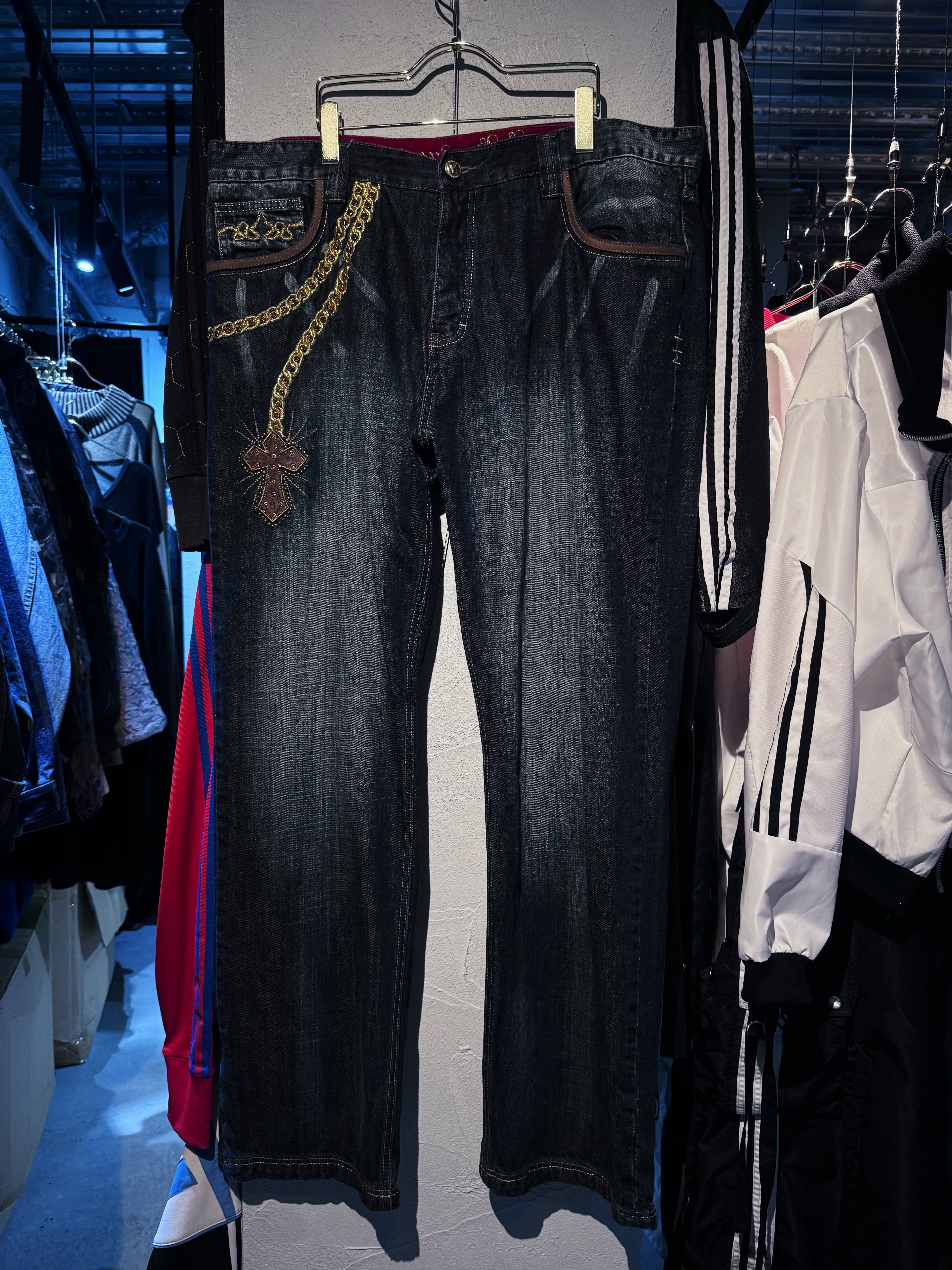 【D4C】vintage gold wallet chain embroidery design fade buggy denim pants