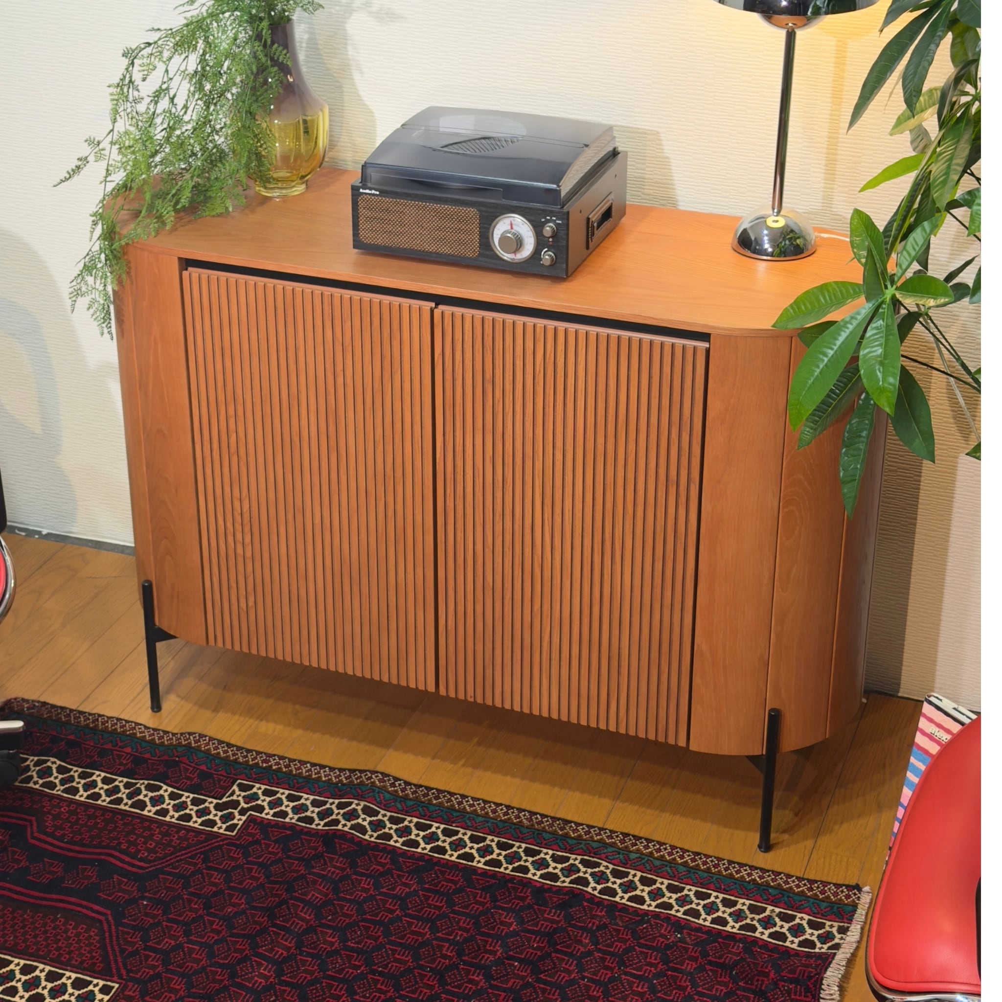 新品】Curved Ribbed Sideboard / チークカラー オーバルフォルム リブ