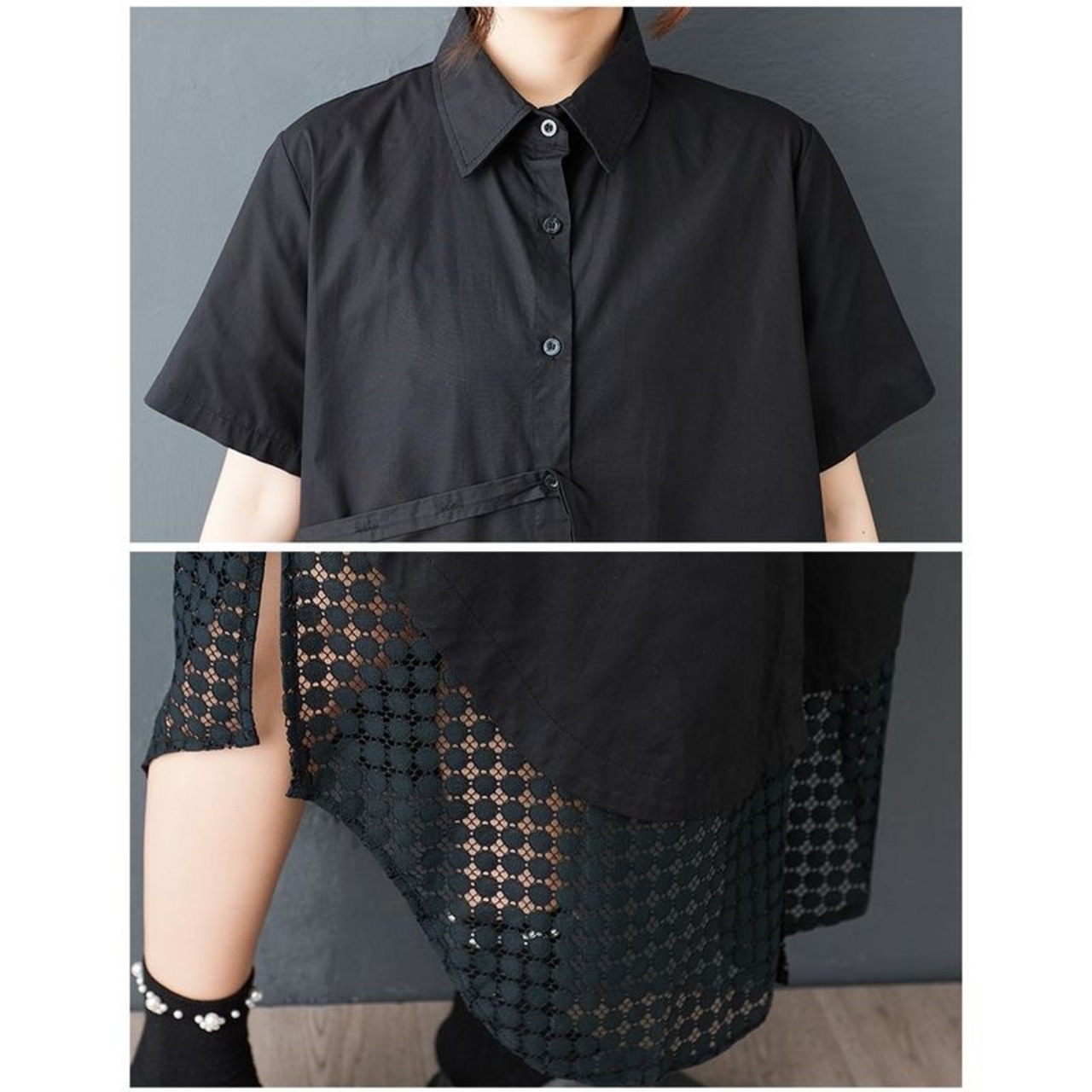 メッシュヘム シャツワンピース  30124