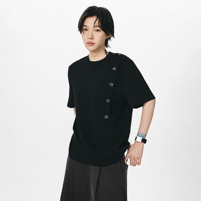 sameuooラウンドネックボタンデザイン半袖Tシャツ