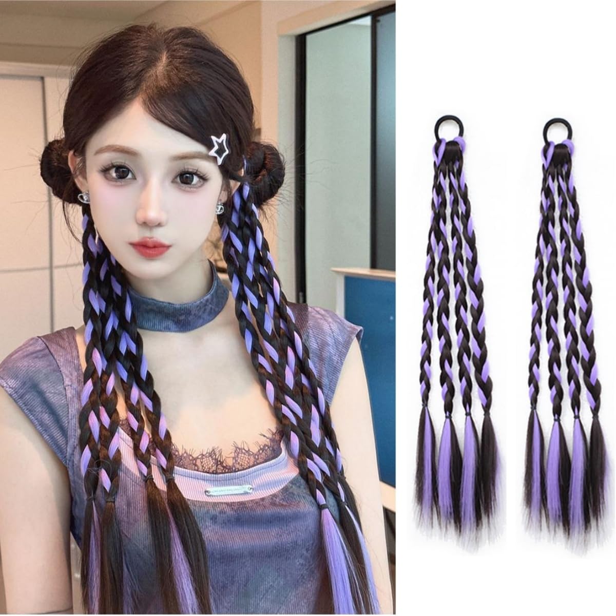 【数量限り】ヘアエクステ 三つ編み ウィッグ カラーエクステ ダンス エクステンション ポニーテール ウィッグ ツインテール 編み込み エクステ 付け毛 コスチューム キッズ イベント (紫)