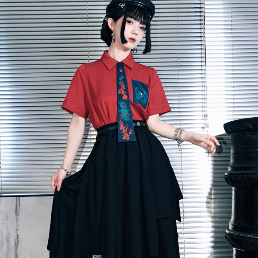 サブカル 服 地雷系 通販 チャイナ風服 古怪舎 シャツ プリント ポケット付き 中華系ファッション夏服