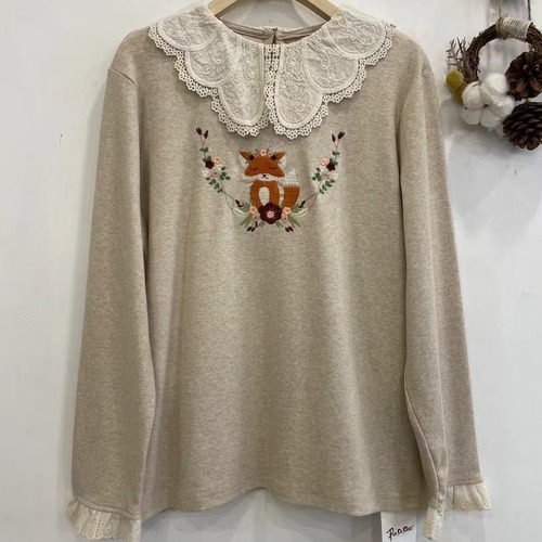 3色/レース襟アニマル刺繍トップス ・12368