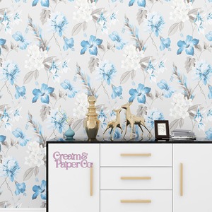 アッシュグレー × ブルー Tropical flower FL1-778002MT for DIY 53㎝×10m リピート53㎝