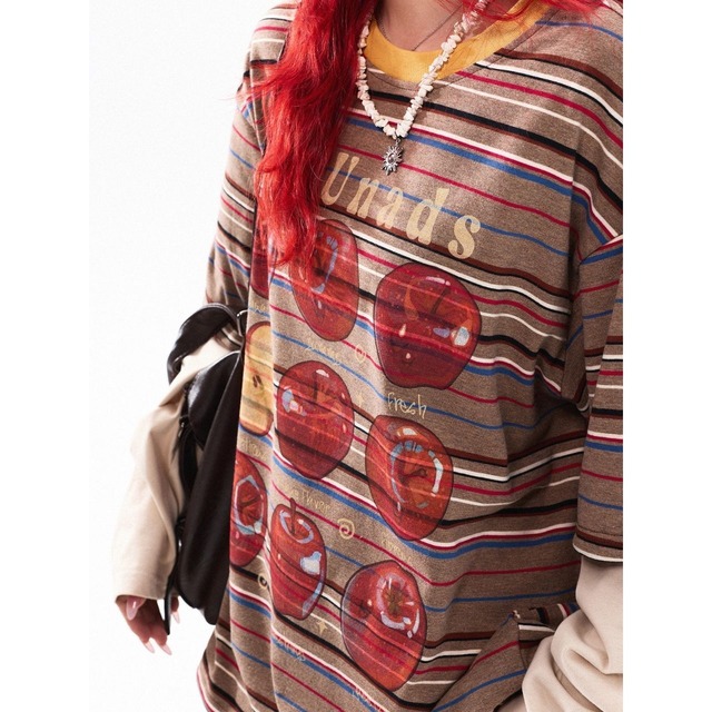 アップルグラフィックマルチボーダーレイヤードTシャツ 2col   R01765