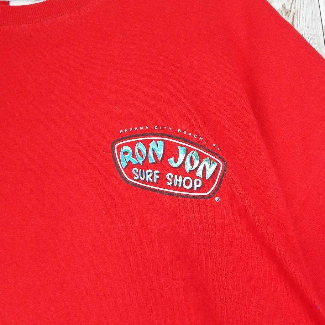 ロンジョンの50周年記念Tシャツ　2XLサイズ｜RON JON SURF SHOP サーフショップ 50YEARS OF SURFING 半袖Tシャツ  レッド赤【湘南倉庫】USメンズ古着 ビッグサイズ