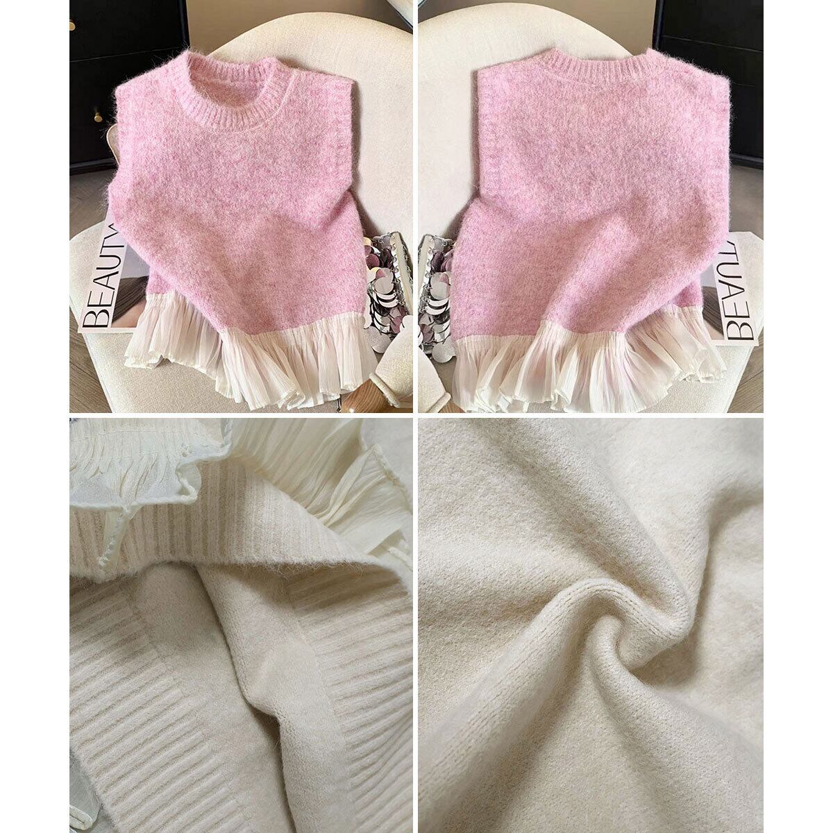 裾フリル ニット ベスト レディース 春秋冬 韓国 ジレ きれいめ 大人 かわいい 重ね着 レイヤード セーター ノースリーブ カジュアル プリーツフリル チョッキ 大人可愛い 大人女子
