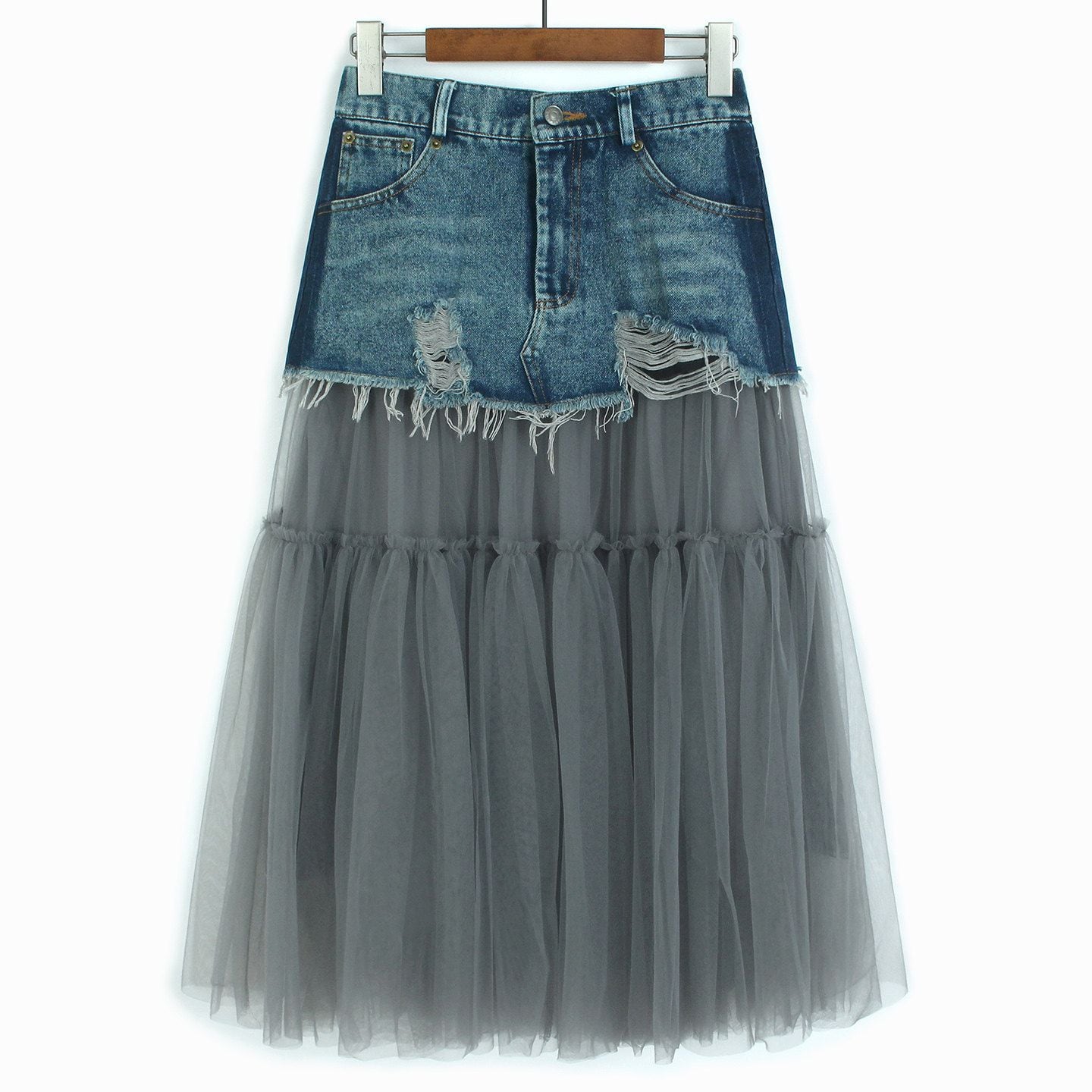 DISTRESSED DENIM MESH PANEL MIDI SKIRT M-17729
