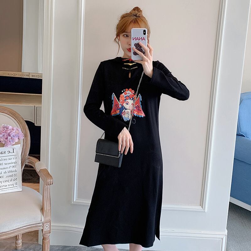 【新作】【送料無料】 マタニティウェア2020秋と冬の新しいプリントディスクバックル改良チャイナドレス、年齢を減らすミドル丈のファッションマタニティドレス-アリババ オータム 秋物 ウィンター 冬物 expec221156004130