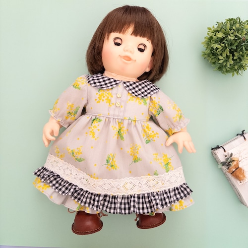 ２段フリルワンピース（グレーミモザ黒チェック）ぽぽちゃん
