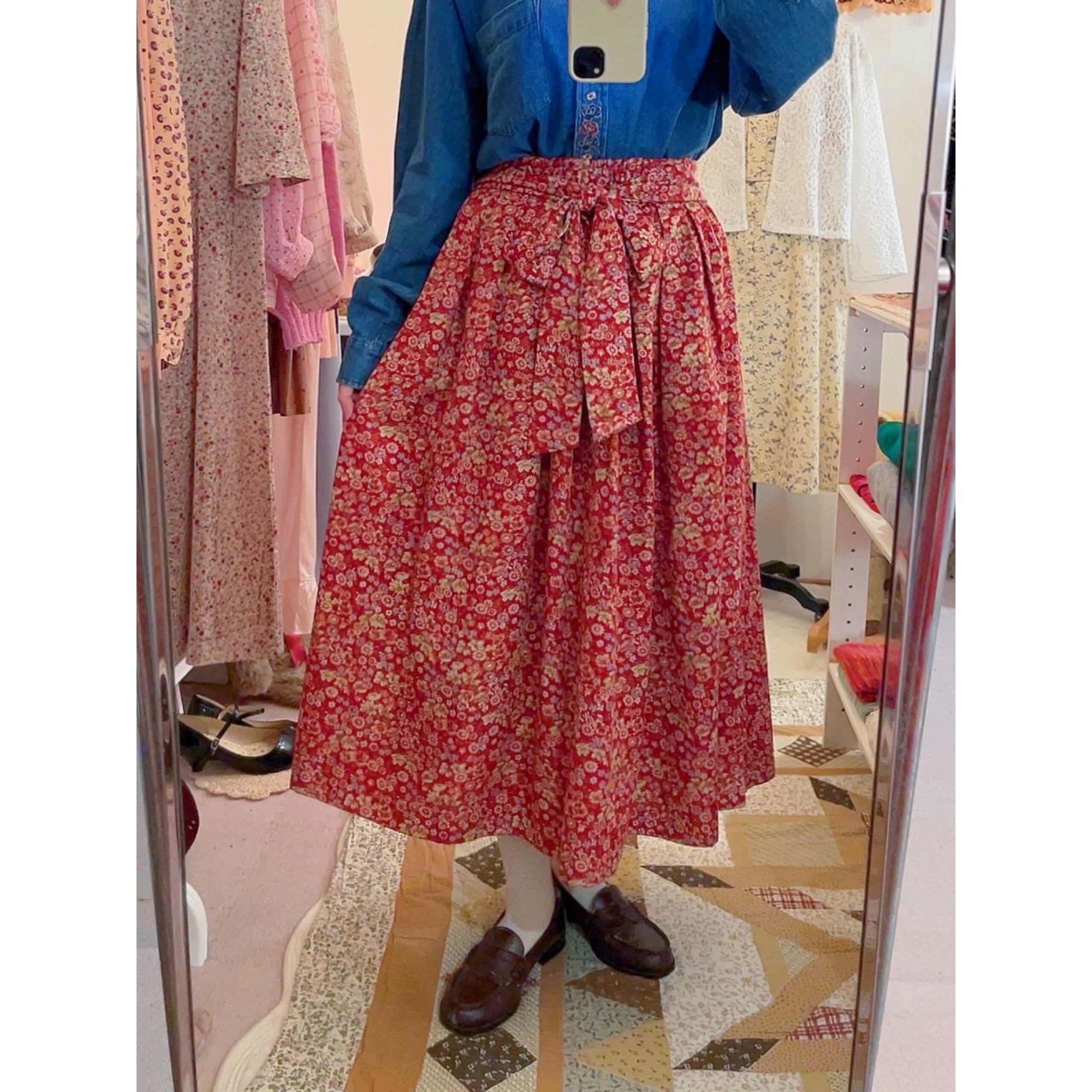 red flower waist ribbon skirt