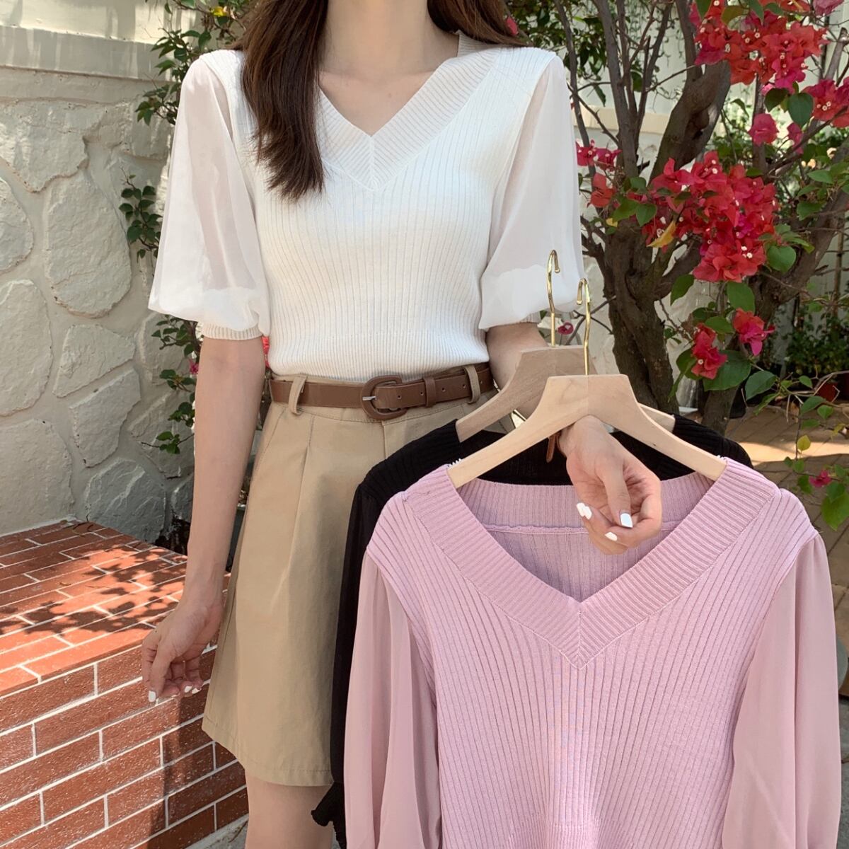 ホワイトVネックセーター サマールーズ薄手カジュアルトップス 夏物 YY-ファッション8273132405