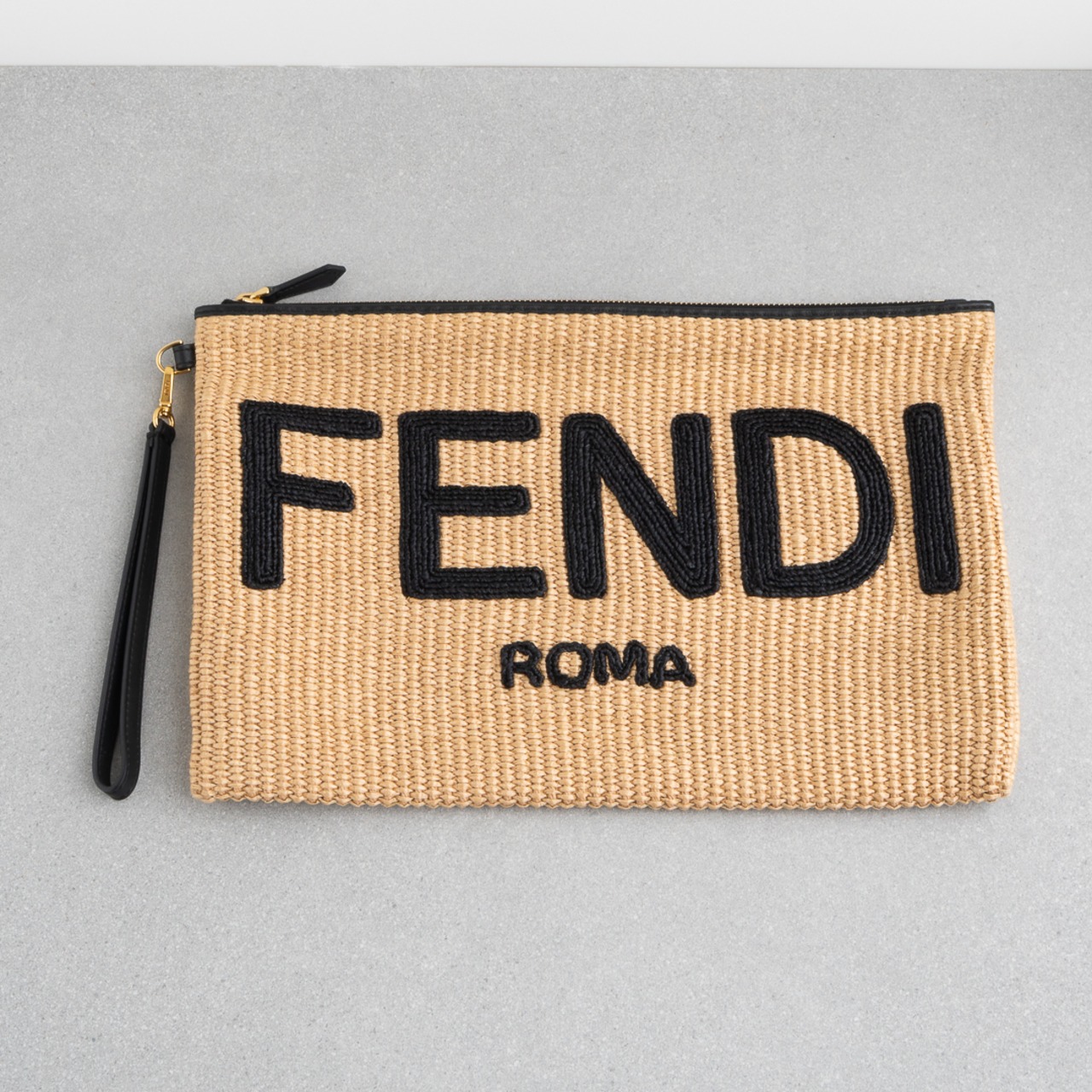 フェンディ ラフィア クラッチバッグ  FENDI ROMA ベージュ ブラック