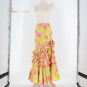 フラメンコ 衣装 ファルダ スカートピンク系 グリーン系 イエロー系 ピンク 黄色 紫 緑 花柄 ボランテ フリル ダンス パーティ 発表会 フラメンコ衣装 スカート レディース ハイビスカス柄 ダンススカート 舞台用衣装 ステージ衣装 フェミニン 華やか 可愛い ふわふわ カラフル