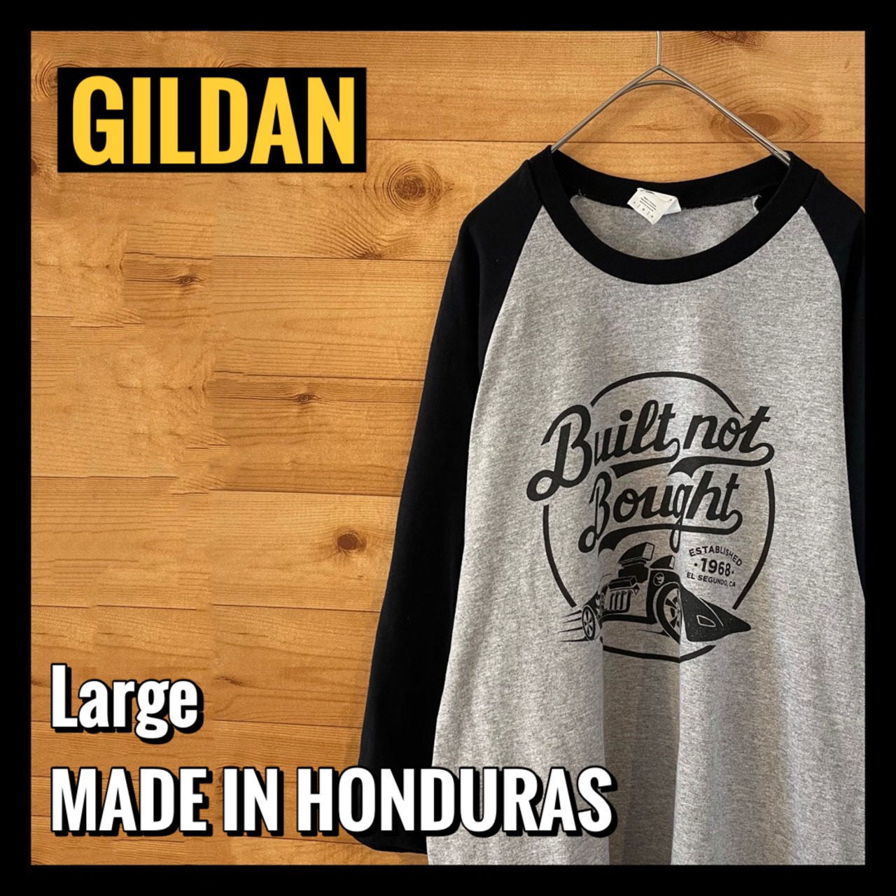 【GILDAN】七分袖 ベースボール Tシャツ スポーツカー プリント ラグラン メンズL  アメリカ古着