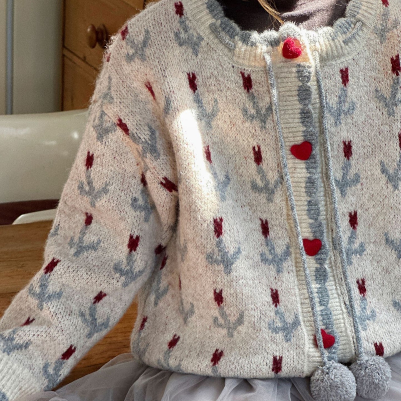 冬チューリップ柄カーディガン厚手