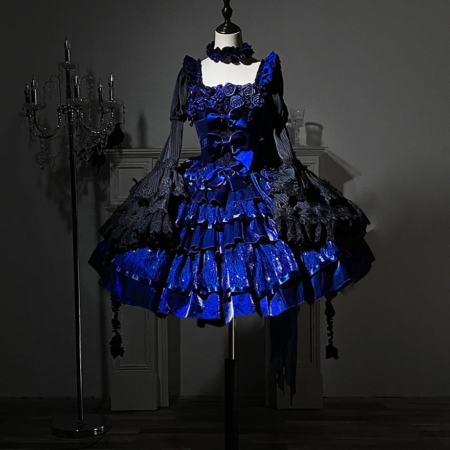 ゴスロリ 青の薔薇 大人ゴシック 夜蝶ドレス セットアップ 姫袖シャツ
