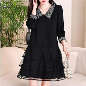 新品 大きいサイズ 春秋冬ラインストーン メッシュ切替 ワンピース