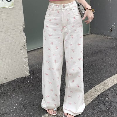 パンツ デニム ジーンズ 花柄 ピンクの花 ワイド ストレート ハイ