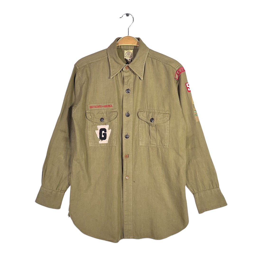 40s BSA チェンジボタン ヴィンテージ ボーイスカウトシャツ マチ付き ワッペン 長袖シャツ サイズXS相当 古着 CA1546