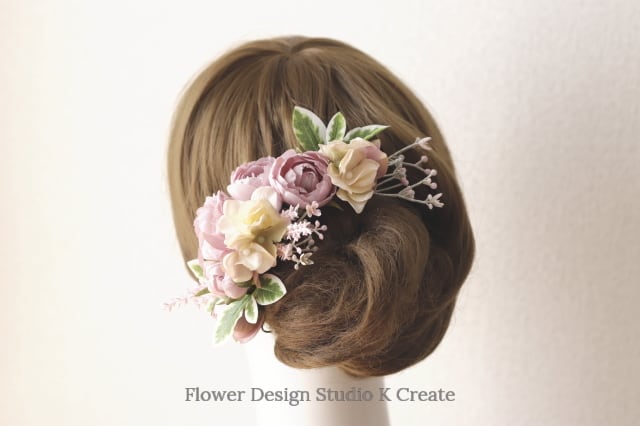 くすみピンクの薔薇と紫陽花のヘッドドレス（14本） ウェディング