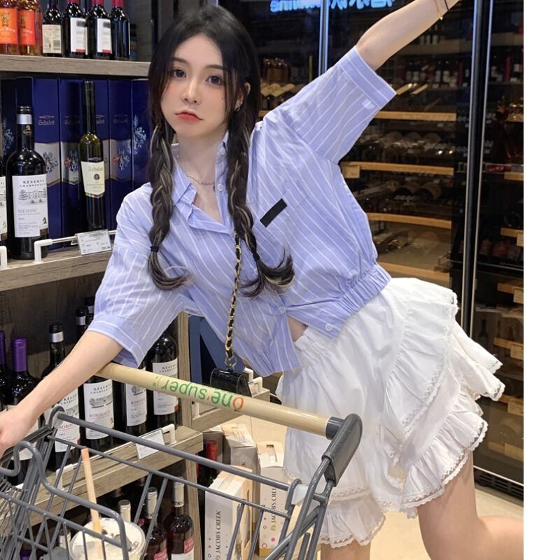 ストライプシャツ サマークロップトップ トップス 大人ガーリー スウィート キュート カジュアル 夏物 YY-ファッション53874782241