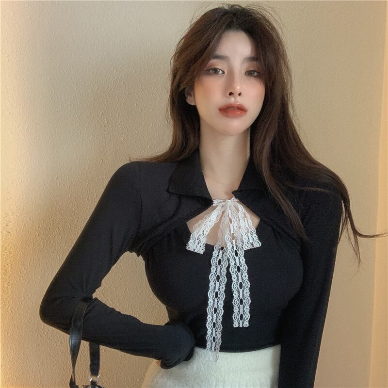 Tシャツ シャツ ショートスリムブラックレースリボンスプリングトップス ロング 春物 ブラックストロベリース52956067751