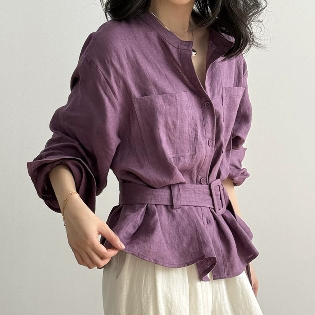 ベルト付きスタンドカラーシャツ　0079