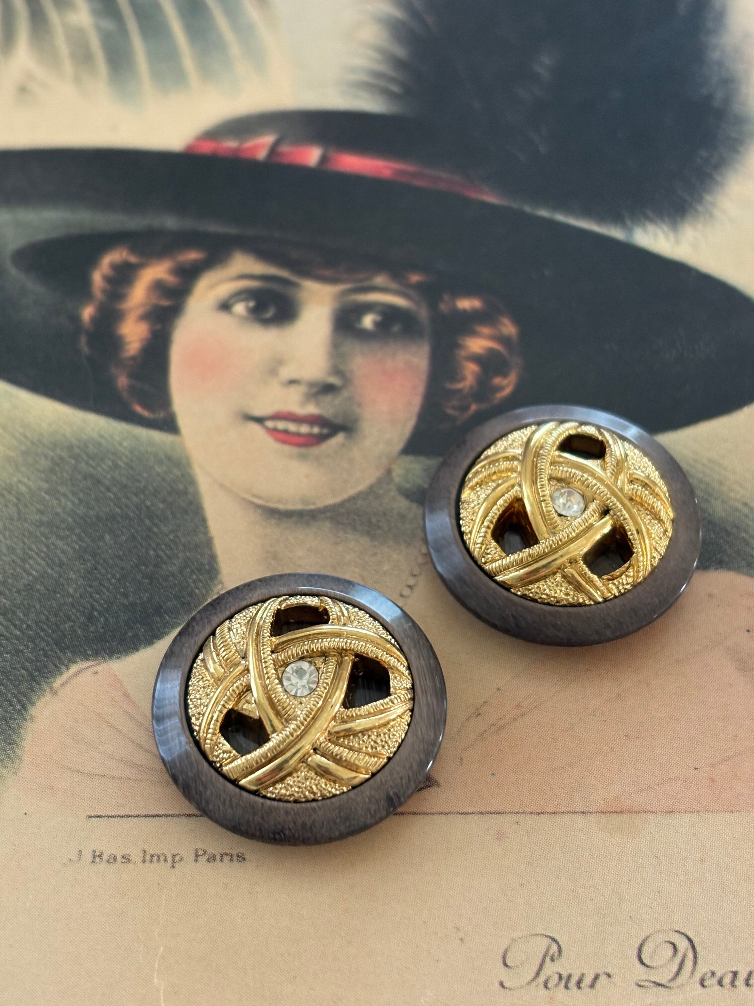 Import Vintageボタン ベージュ×ゴールド 22mm ストーン 樹脂×メタル アクセサリーパーツ デコレーション材