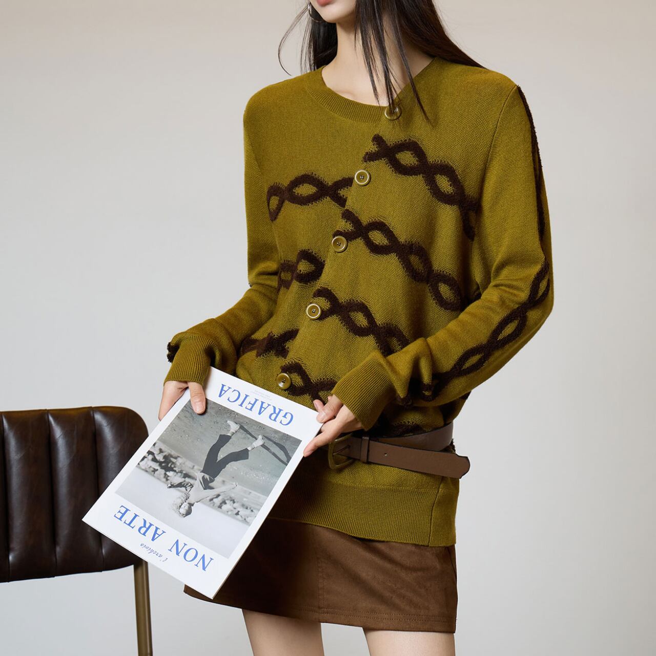 Diagonal placket jacquard knit cardigan S1706