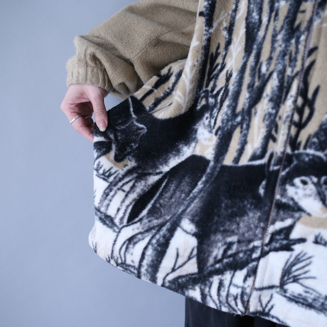 "狼" good animal and tree pattern over silhouette fleece jacket