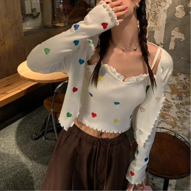 【2-piece set】heart embroidered knit cardigan & camisole J00012