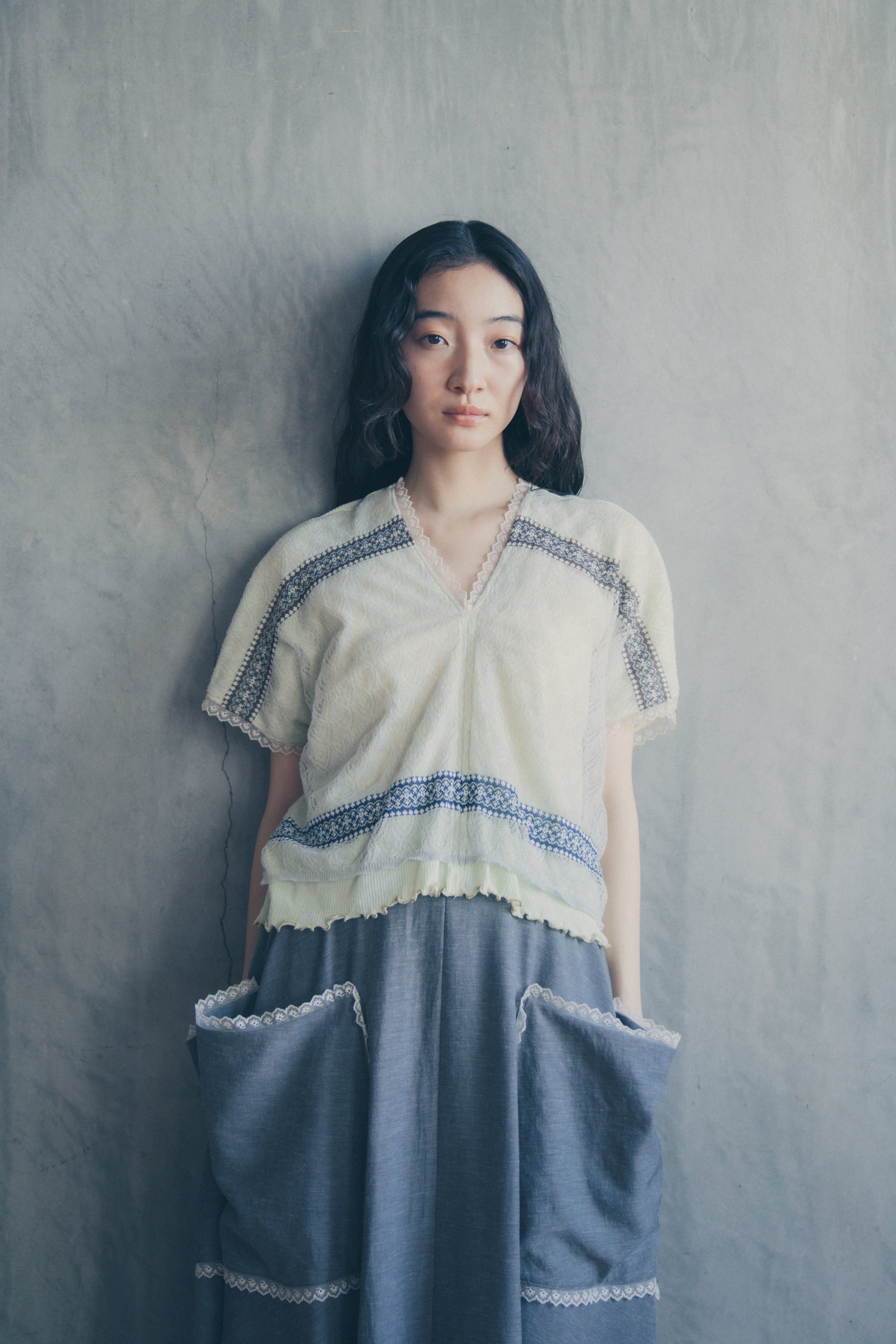 【受注】Vintage folk lace Sheer Rib top - YELLOW/PINK