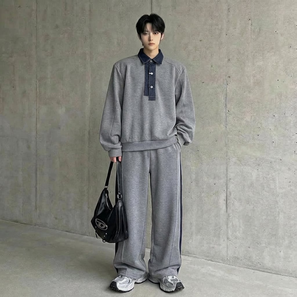 コントラストカラーステッチデニムプルオーバー&ワイドレッグパンツセットアップ 2カラー D11920